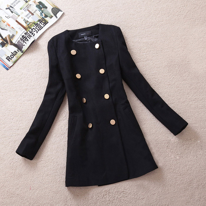 2012 autumn gold buckle double breasted medium-long woolen overcoat female