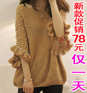 2012 autumn handmade pearl beaded batwing shirt loose basic sweater female