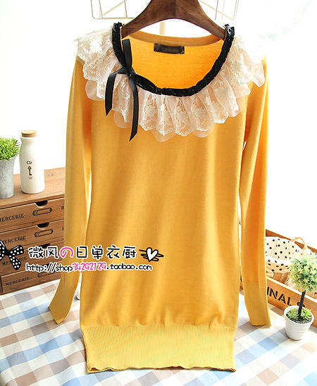 2012 autumn lace decoration patchwork medium-long pullover sweater one-piece dress knitted basic shirt