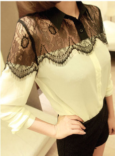 2012 autumn lace patchwork long-sleeve chiffon shirt fashion