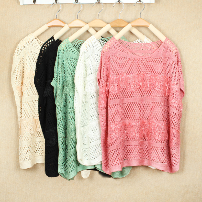 2012 autumn lace patchwork loose irregular cutout short-sleeve air conditioning shirt sweater
