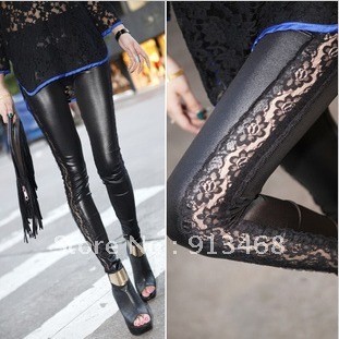 2012 autumn lace PU faux leather patchwork pants meat cutout plus size legging