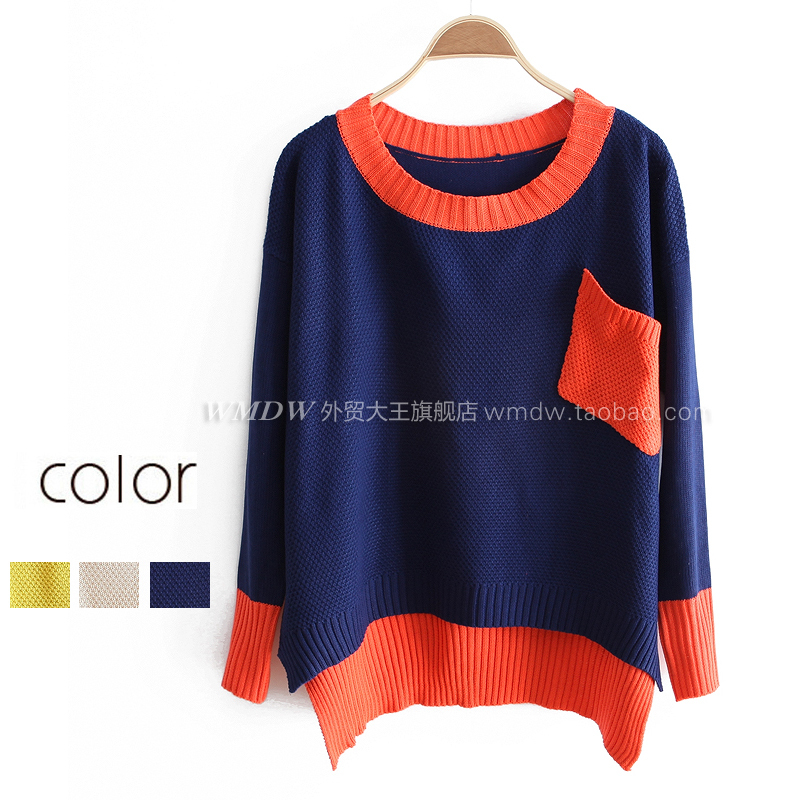 2012 autumn large pocket patchwork women's long-sleeve loose color block decoration sweater wx1022