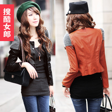 2012 autumn leather clothing coat water wash PU o-neck jacket design short outerwear women's slim