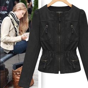 2012 autumn leather clothing fashion slim waist zipper o-neck long-sleeve small leather clothing female short jacket