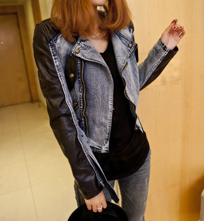 2012 autumn leather clothing motorcycle denim coat slim short design female outerwear