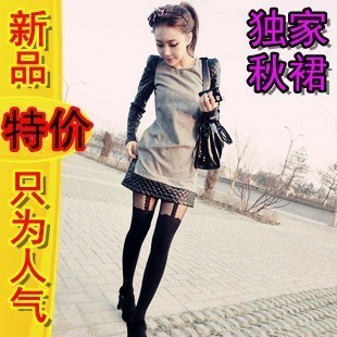 2012 autumn leather long-sleeve basic autumn and winter woolen plus size one-piece dress