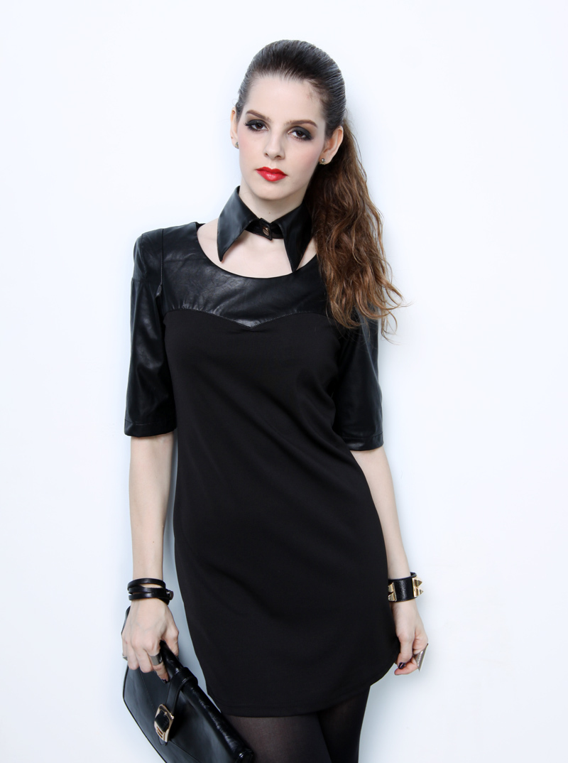 2012 autumn leather patchwork black o-neck half sleeve shoulder pads slim hip one-piece dress one-piece dress