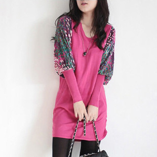 2012 autumn long design V-neck peacock flower puff sleeve sweater one-piece dress sweater
