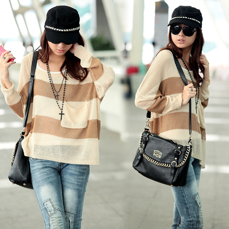 2012 autumn loose plus size low o-neck pocket sweater shirt x7962
