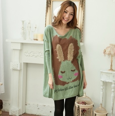 2012 autumn loose plus size print rabbit long cashmere sweater design female knitted basic sweater