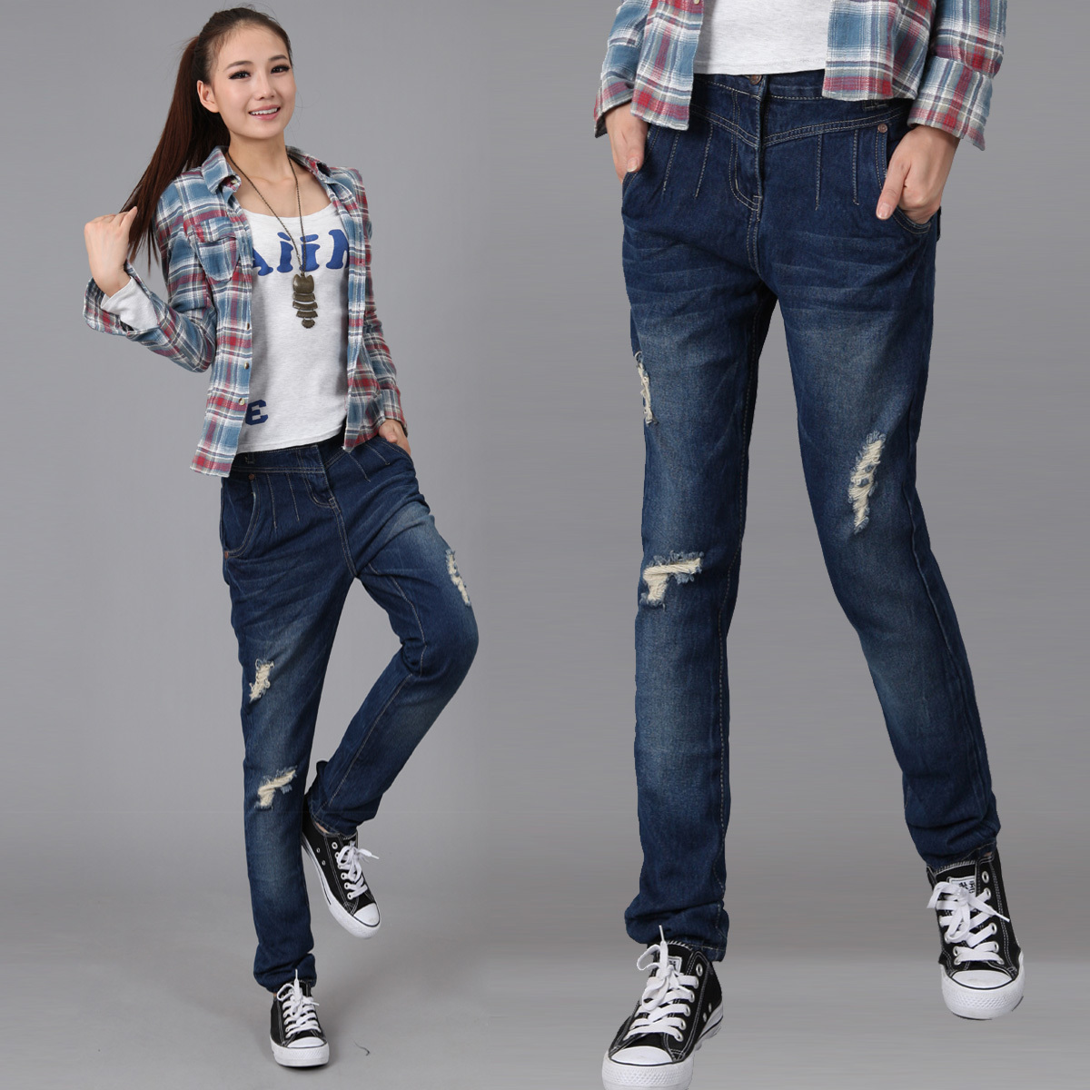 2012 autumn loose straight hole beggar pants casual jeans female trousers