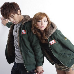 2012 autumn lovers plus size fur collar slim with a hood plush outerwear male women's top