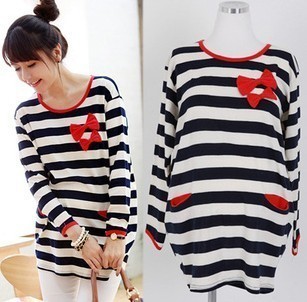 2012 autumn maternity clothing plus size mm sweet fashion bow black and white stripe long-sleeve T-shirt