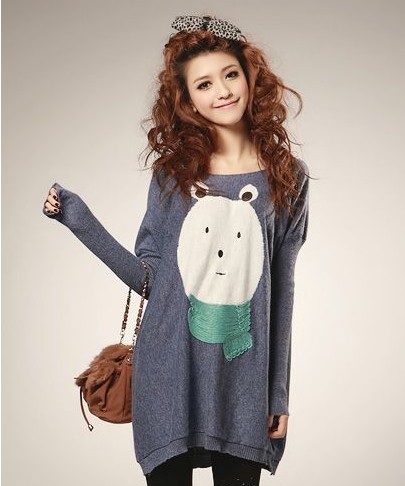 2012 autumn medium-long knitted lovely bear printing basic shirt dress / pullover plus size large fashion casual loose sweaters
