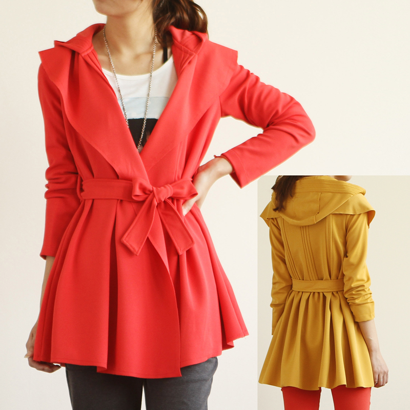 2012 autumn medium-long ruffle no button lacing with a hood trench pleated, lacing / belt outerwear (red,yellow,green)