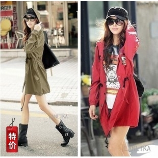 2012 autumn medium-long women outerwear loose long-sleeve slim waist with a hood trench W36