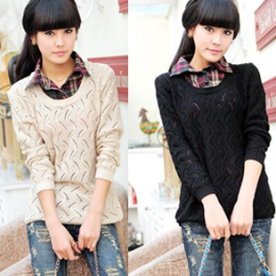 2012 autumn new arrival casual faux two piece set plaid shirt collar cutout sweater female