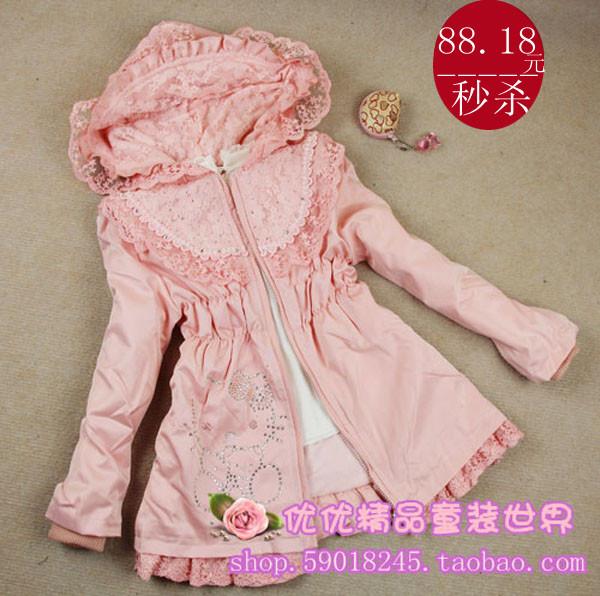 2012 autumn new arrival children's clothing female child trench outerwear medium-long with a hood laciness rhinestones
