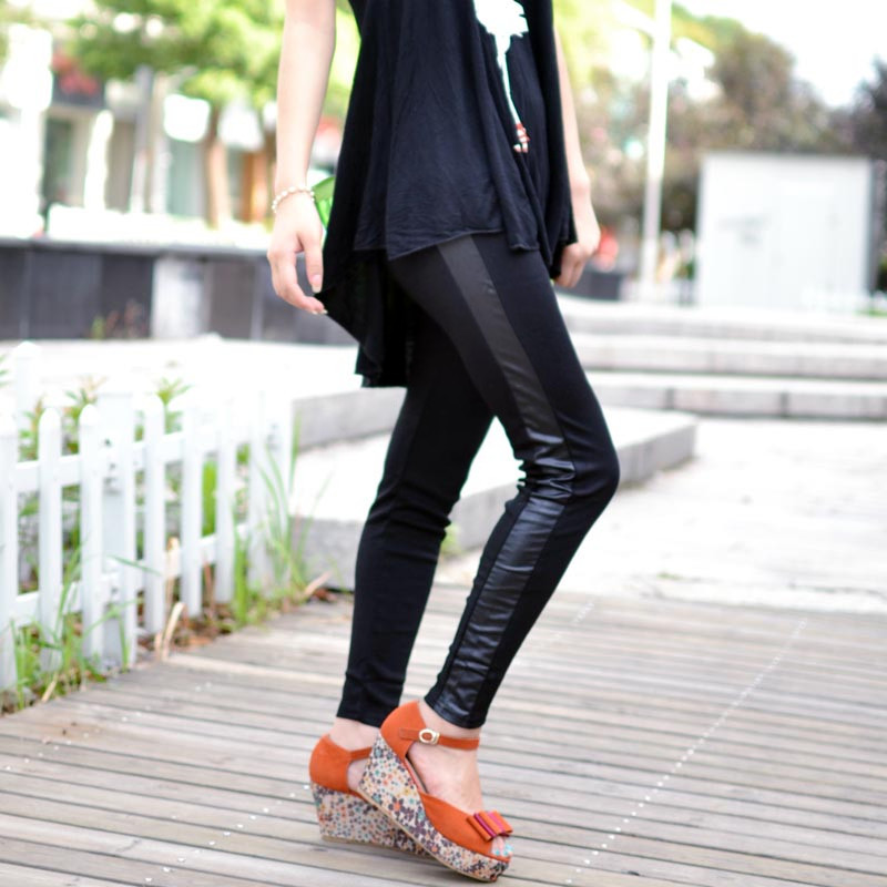 2012 autumn new arrival elastic backwa-rds and faux leather patchwork legging female