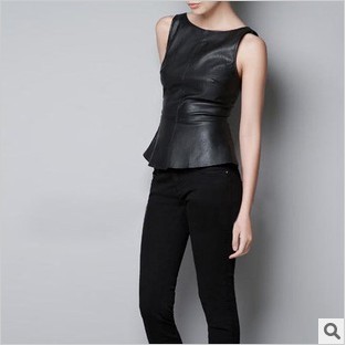 2012 autumn new arrival fashion deep V-neck racerback ruffle small round swing sleeveless leather vest 9046