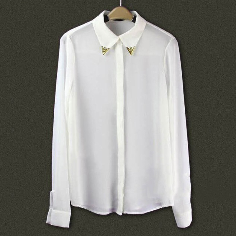 2012 autumn new arrival fashion metal sculpture collar chiffon vintage perspectivity shirt female
