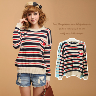 2012 autumn new arrival fashion stripe sweet pocket sweater basic sweater women's