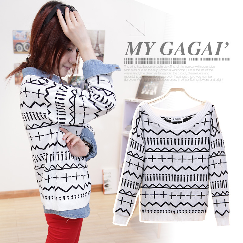 2012 autumn new arrival fashion vintage geometric figure print long-sleeve pullover basic sweater e13