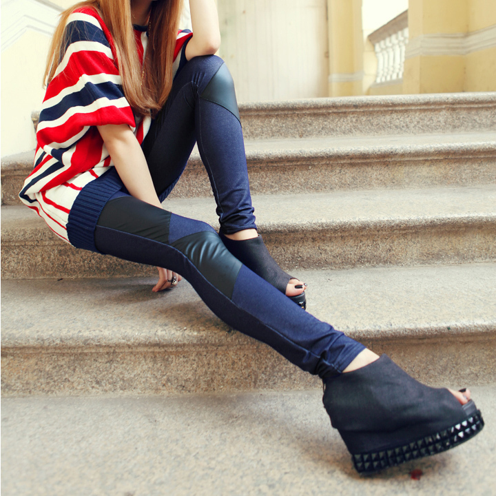 2012 autumn new arrival female autumn legging faux denim faux leather double trigonometric patchwork 2 vq427