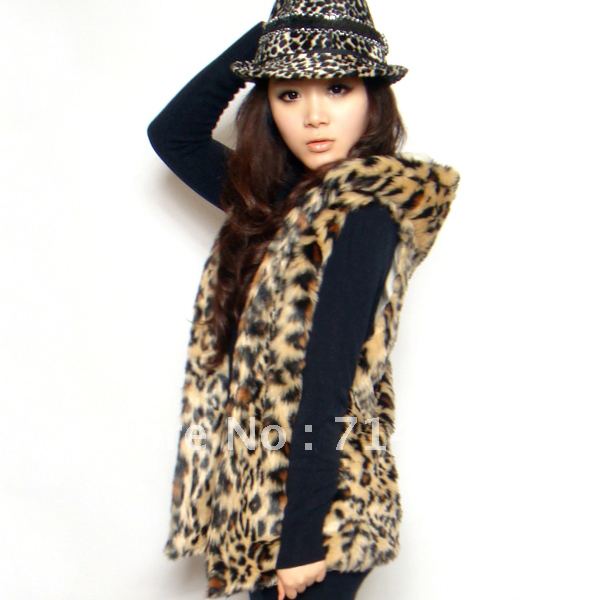 2012 autumn new arrival female leopard print fashion slim sleeveless wool sweater vest fur with a hood vest female