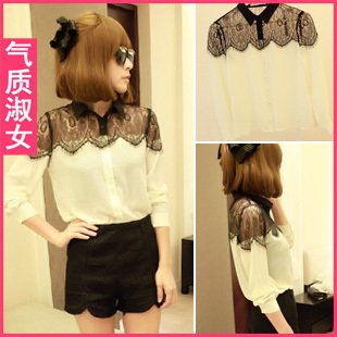 2012 autumn new arrival hotsale black lace chiffon shirts & blouses / ladies shirt / women blouse / pullover design