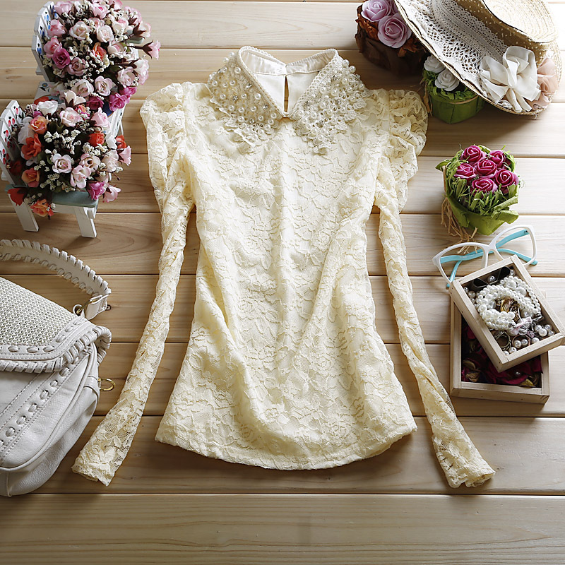 2012 autumn new arrival lace crochet cutout ol turn-down collar basic shirt long-sleeve puff sleeve double layer female lace