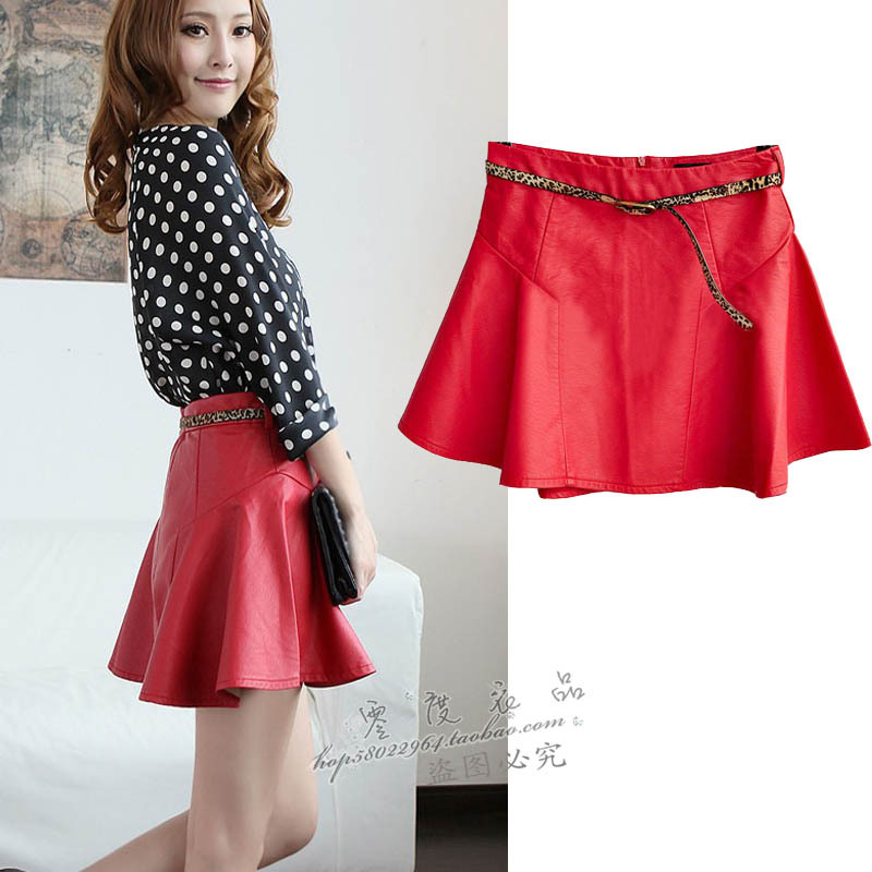 2012 autumn new arrival leather patchwork leopard print belt umbrella short skirt bust skirt short skirt women's