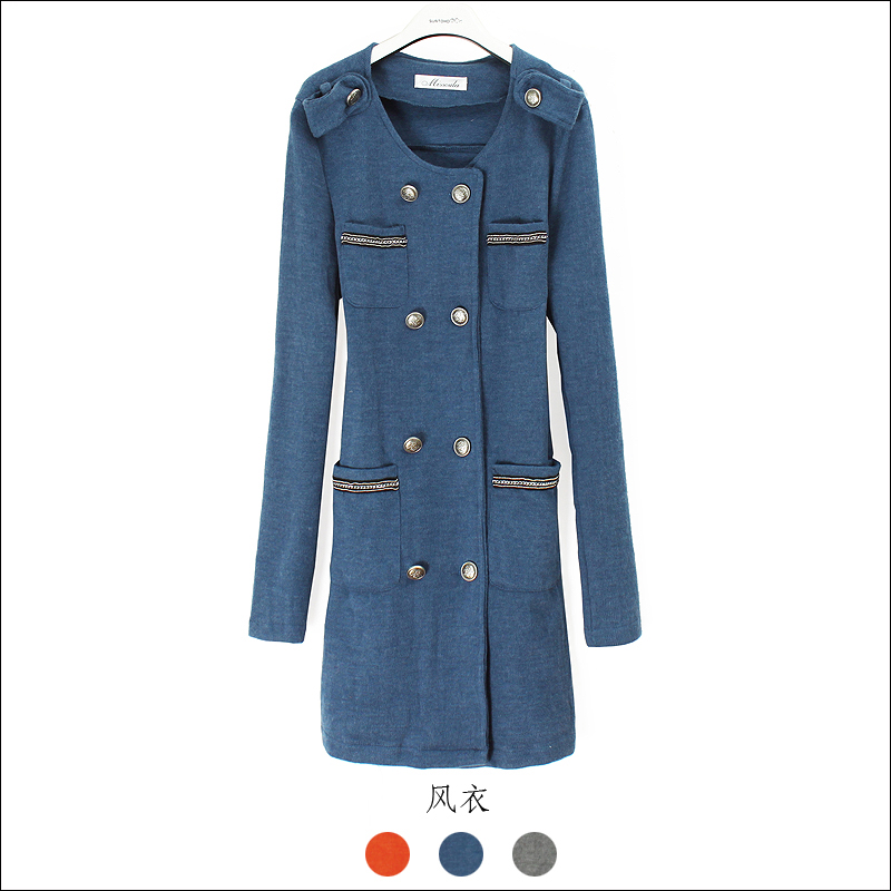 2012 autumn new arrival long-sleeve trench outerwear female knitted cotton double breasted multi-pocket candy color fashion