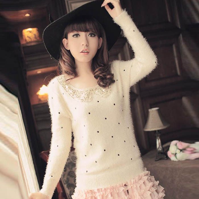 2012 autumn new arrival loose paillette polka dot o-neck long-sleeve pullover hippocampus wool basic sweater female