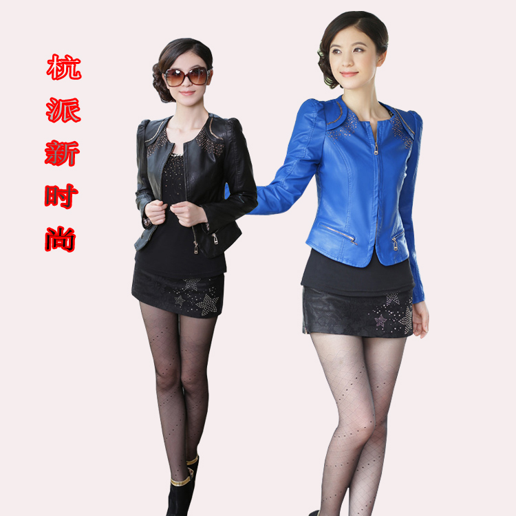 2012 autumn new arrival outerwear PU jacket women's short design slim stand collar water wash motorcycle leather clothing