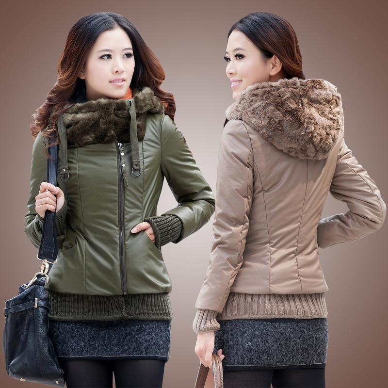 2012 autumn new arrival outerwear winter women's thickening cotton-padded jacket slim hat plus velvet with a hood leather wadded