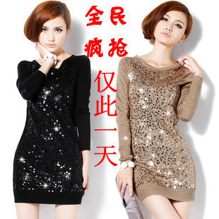 2012 autumn new arrival paillette pullover long design slim basic shirt female knitted wool