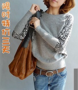 2012 autumn new arrival plus size clothing leopard print o-neck batwing shirt loose spring and autumn sweater