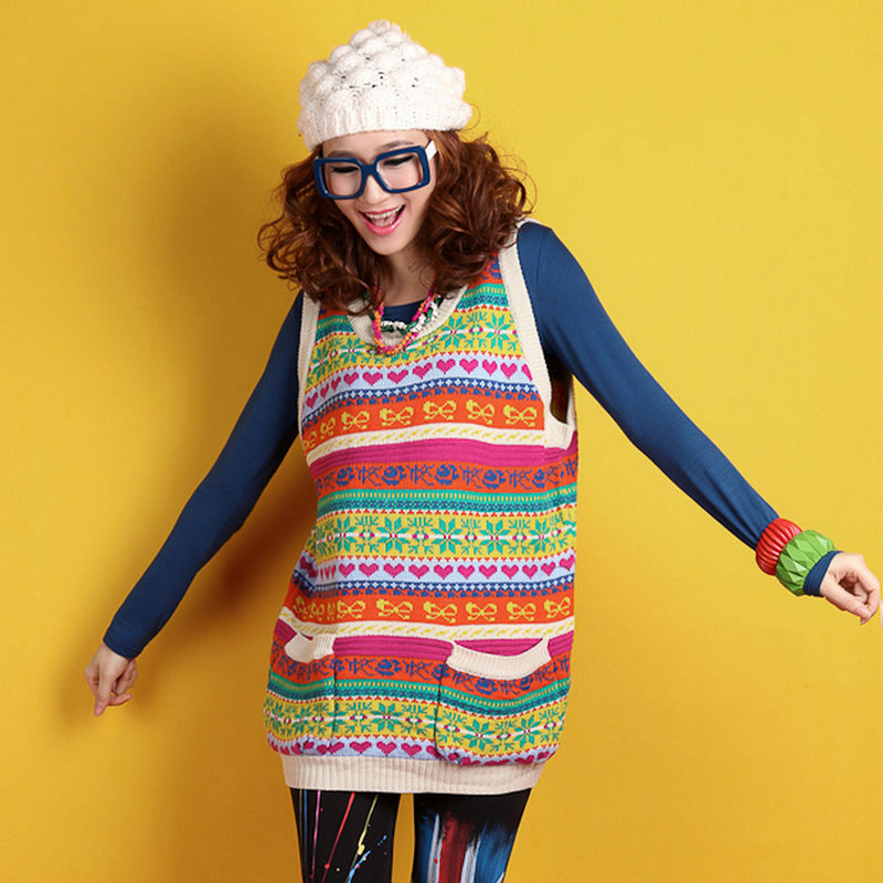 2012 autumn new arrival pullover vintage sweater vest female medium-long o-neck basic multicolour sweater