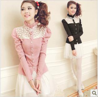 2012 autumn new arrival sexy cutout top princess sleeve stand collar cardigan shirt fashion 06
