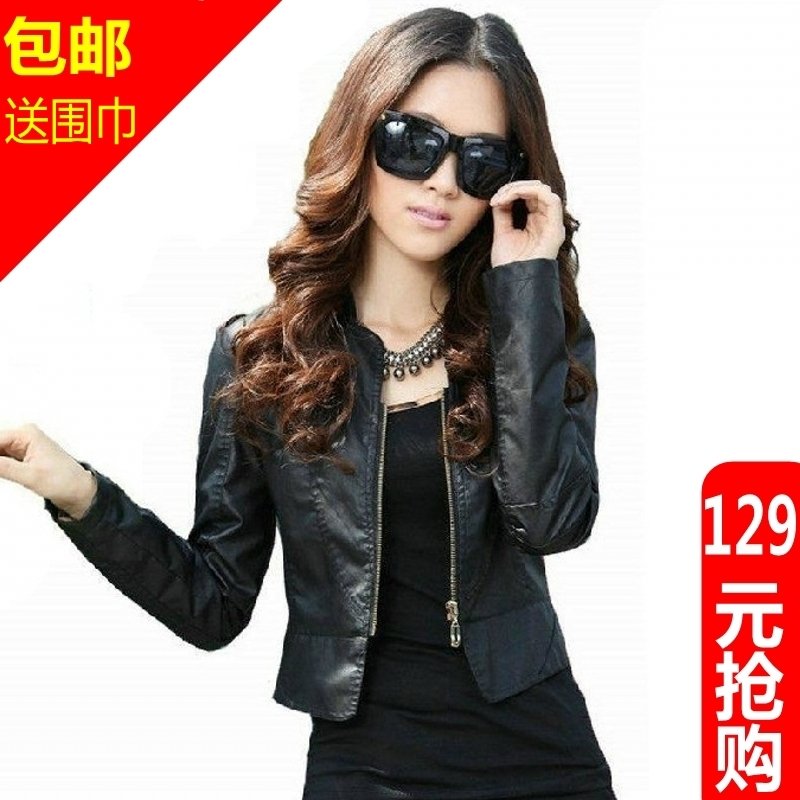 2012 autumn new arrival small leather clothing outerwear female plus size motorcycle leather clothing stand collar short design