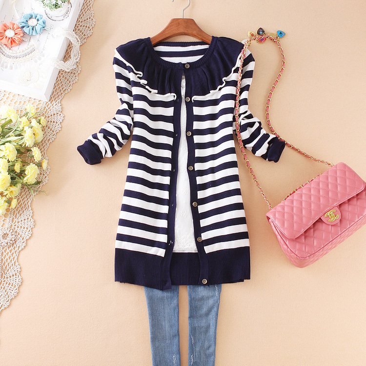 2012 autumn new arrival sweet all-match stripe medium-long preppy style sweater knitted sweater cardigan female , Free Shipping