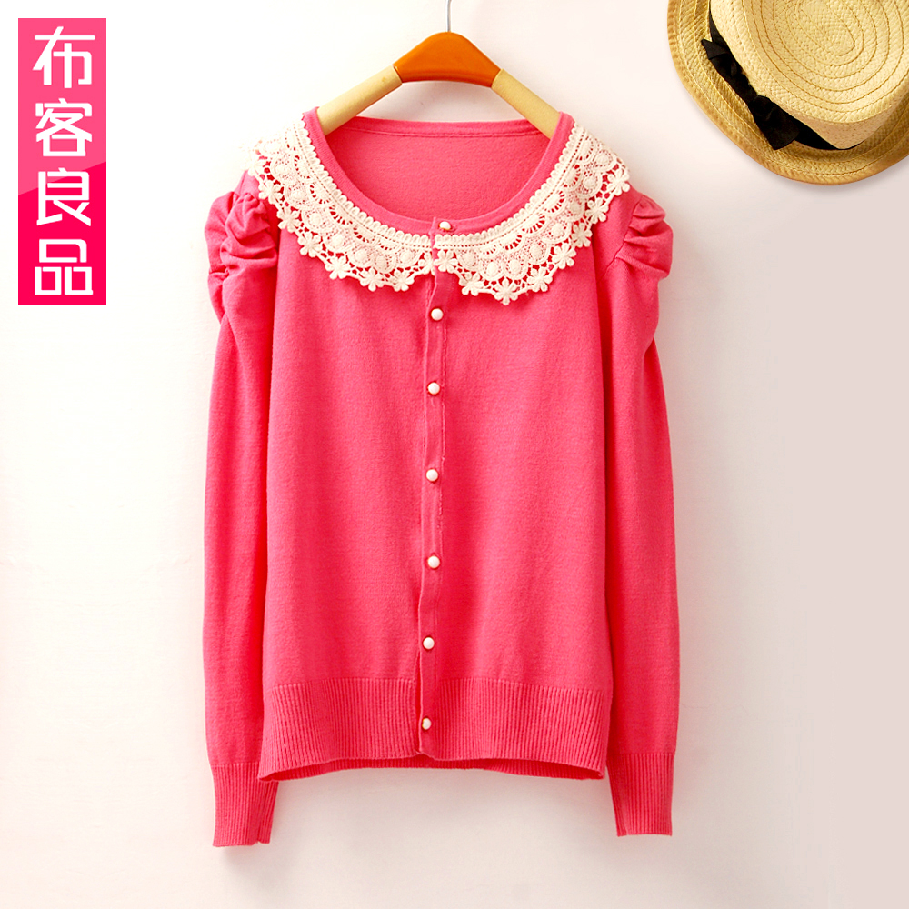 2012 autumn new arrival sweet princess neck laciness puff sleeve long-sleeve sweater cardigan female bz8036