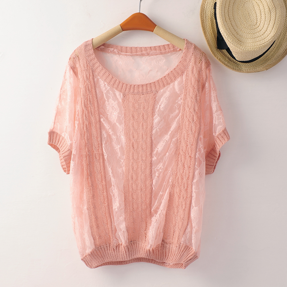 2012 autumn new arrival transparent lace chest knitted o-neck batwing sleeve short-sleeve sweater shirt female bz8027