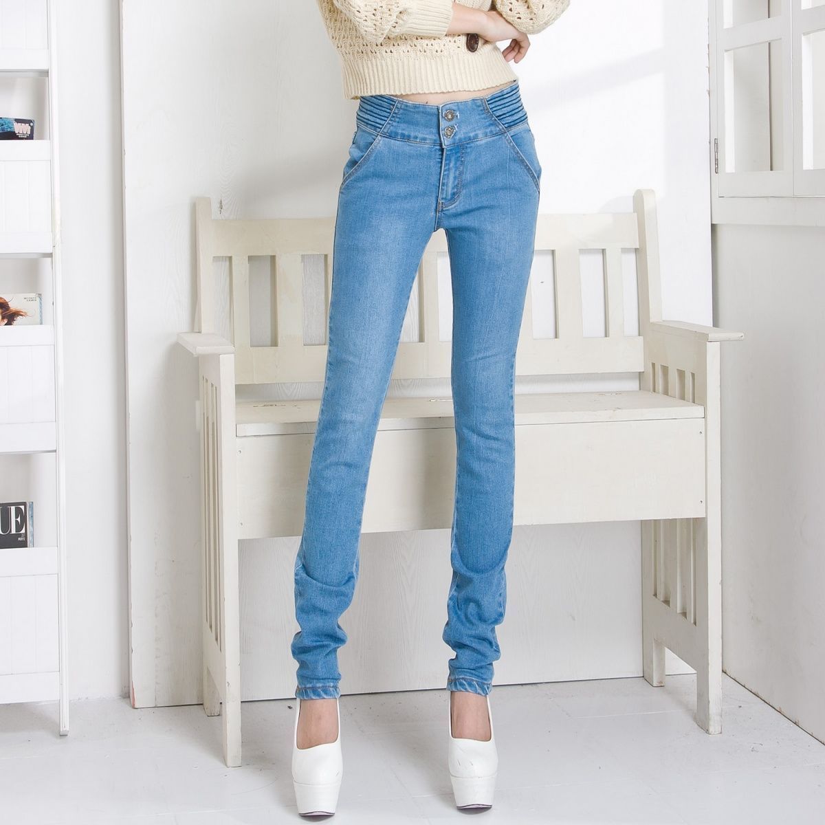 2012 autumn new arrival women's casual water wash wearing white high waist thickening pencil jeans