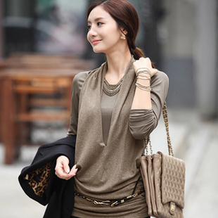 2012 autumn new arrival women's medium-long basic shirt slim faux two piece set long-sleeve T-shirt casual