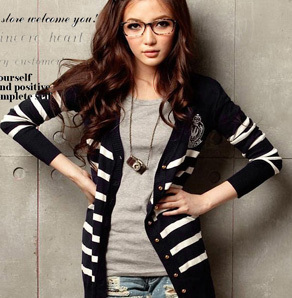 2012 autumn new arrival women's navy stripe thin medium-long V-neck sweater cardigan air conditioning shirt