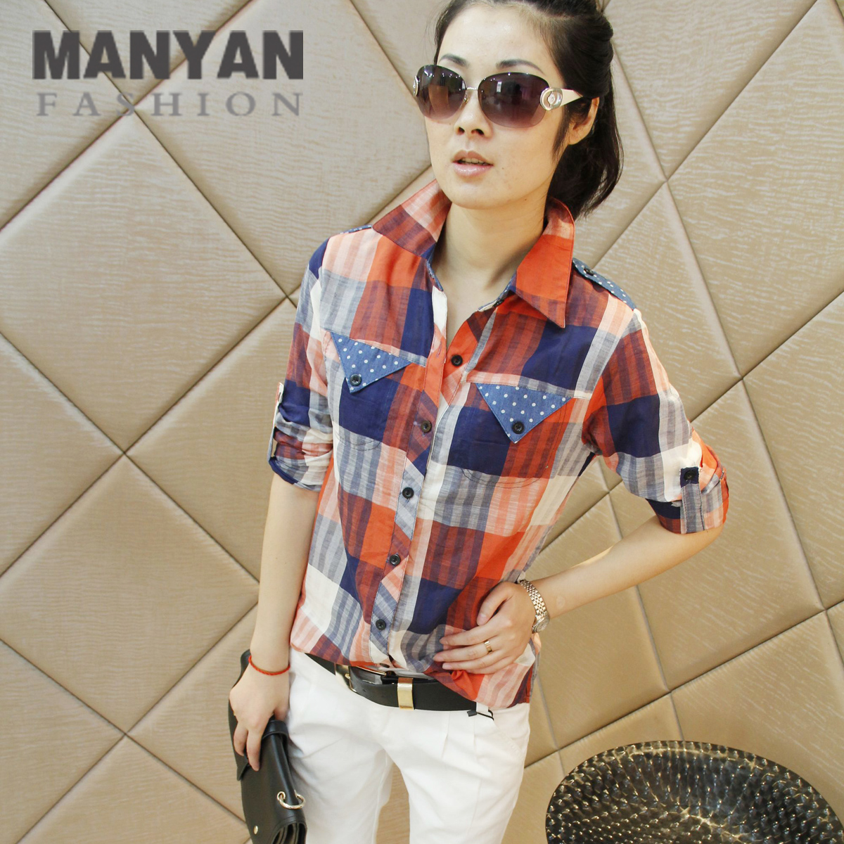 2012 autumn new arrival women's pocket color block decoration plaid shirt casual long-sleeve shirt