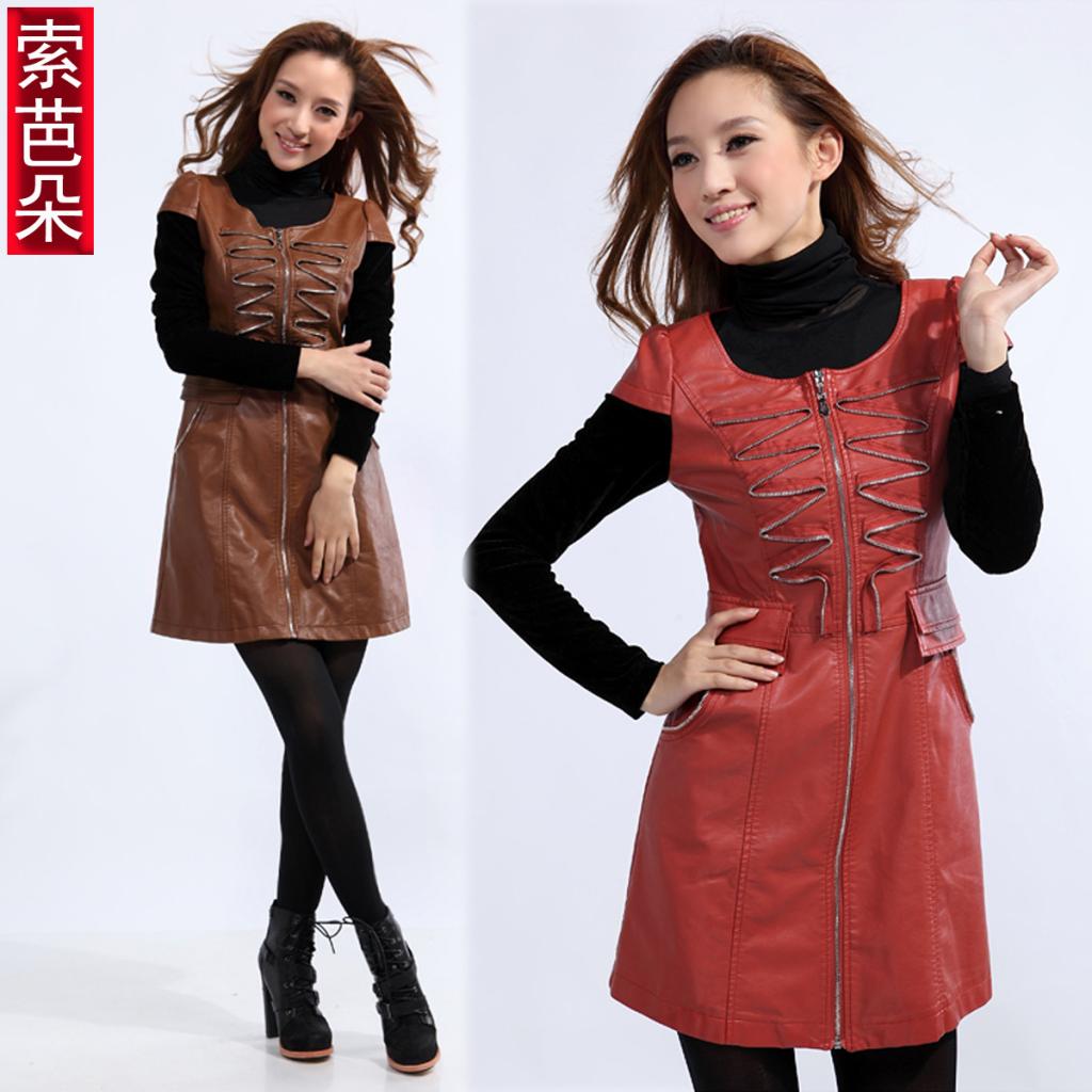 2012 autumn new arrival women's PU slim zipper as front fly long-sleeve autumn one-piece dress leather skirt